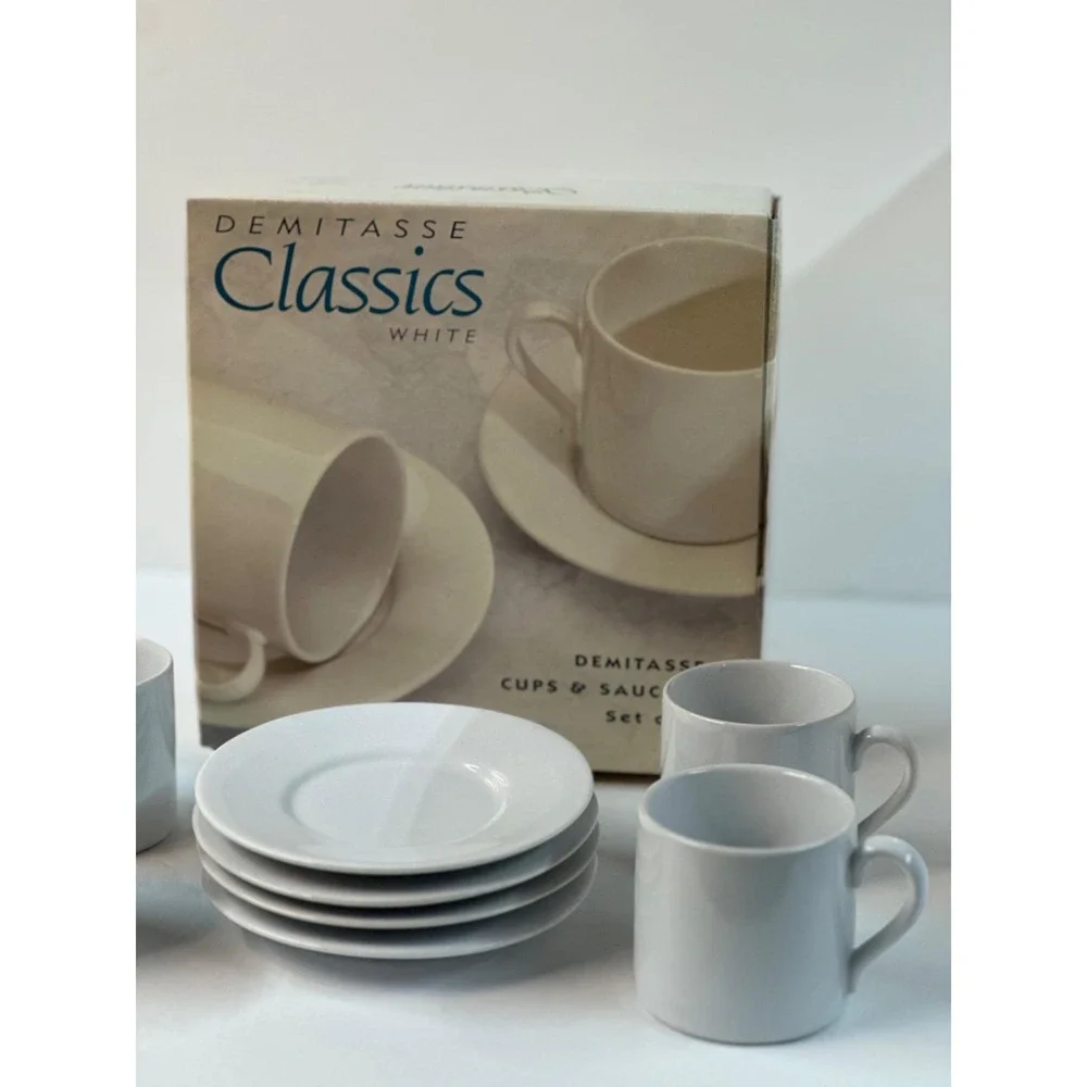 VTG Signature Housewares‎ Demitasse Cup & Saucer Set-4 White 2.5-5 Classic Retro